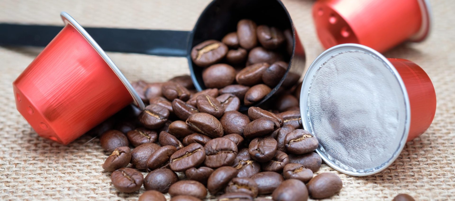 Coffee beans laying among K-cups