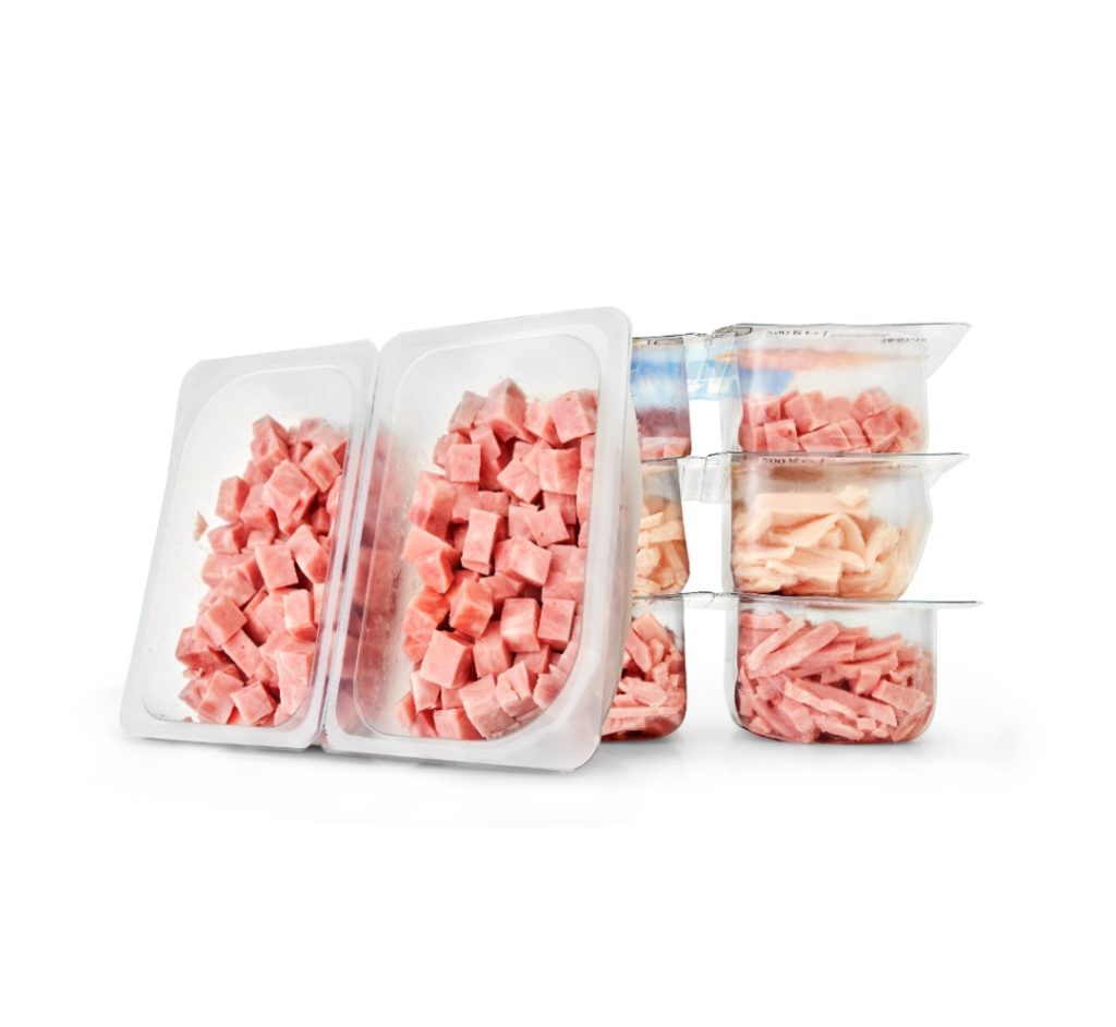 Diced meat in a rigid container