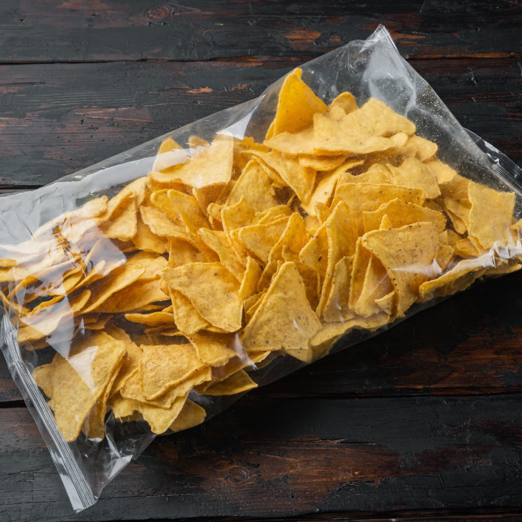 Tortilla chips in a clear plastic bag